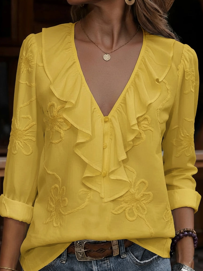 EMMA | VINTAGE FLORELE BORDUURD FRILL V-HALS SHIRT