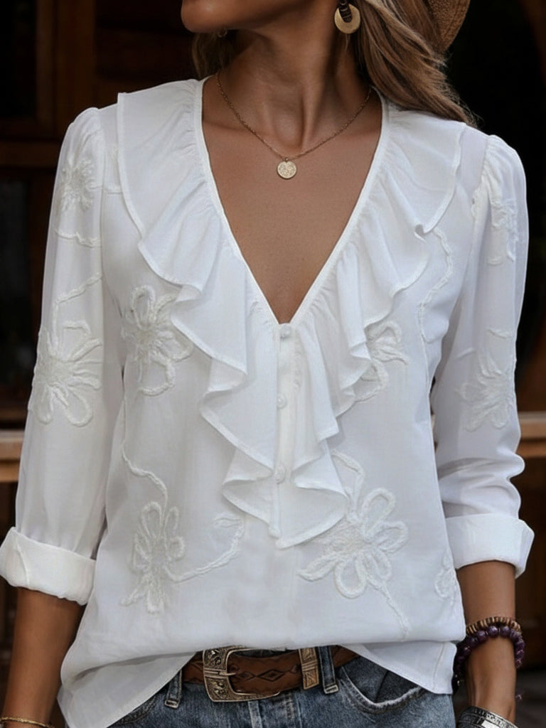 EMMA | VINTAGE FLORELE BORDUURD FRILL V-HALS SHIRT