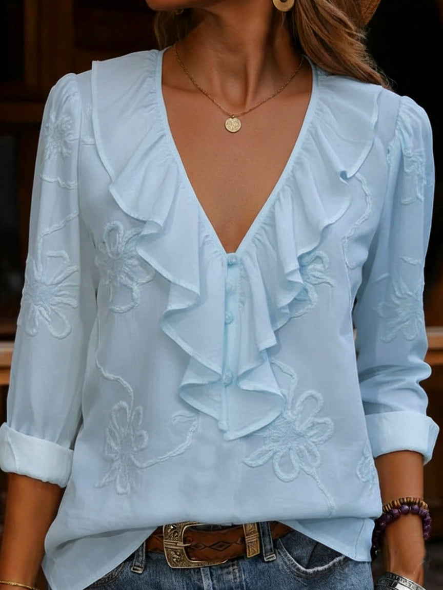 EMMA | VINTAGE FLORELE BORDUURD FRILL V-HALS SHIRT